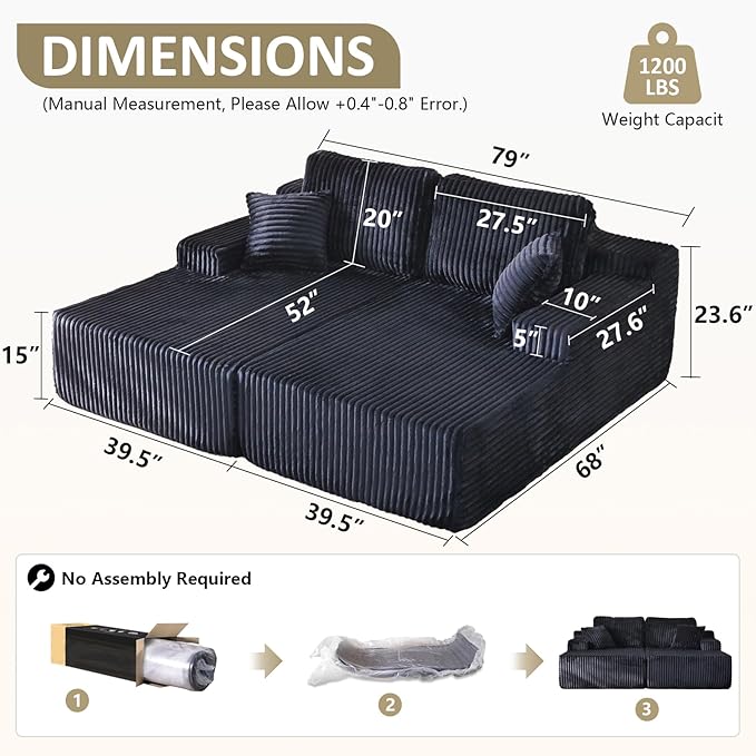 Oversized 79” Double Chaise Lounge Sofa Bed, Deep Seat Corduroy Cloud Loveseat Chair, No Assembly, Plush Upholstered Sleeper for Living Room or Bedroom (Black)
