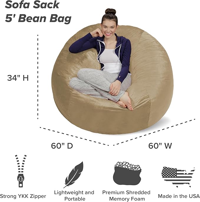 Sofa Sack Bean Bag Chair - Plush, Ultra Soft - Memory Foam Bean Bag Chair with Microsuede Cover - Stuffed Foam Filled Furniture and Accessories for Dorm Room 5 Feet - Camel