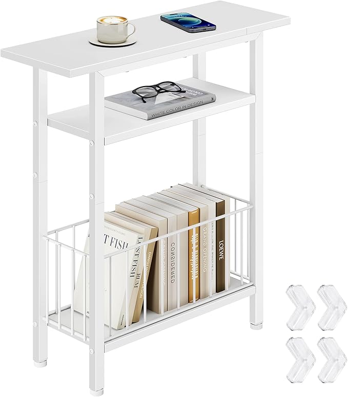 Vagusicc Narrow Side Table, Skinny Side Table for Couch, 3-Tier Small End Table for Small Spaces, Bed Side Tables with Storage, 25.2" Tall Slim Nightstand Bedside table for Living Room, Bedroom, White