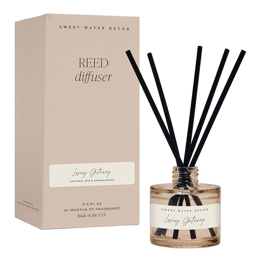 Sweet Water Decor Luxury Getaway Reed Diffuser – Hotel Scent Diffuser with Long-Lasting Premium Fragrance of Leather, Iris, Sandalwood for 4 Months – Ideal for Home Decor