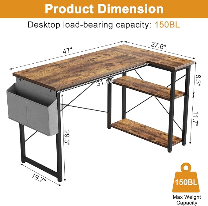 L Shaped Computer Desk with Reversible Shelves, 47 Inch Small Corner Desk with Storage Bag, Gaming Desk Computer Table Study Writing Desk for Home Office Small Space, Rustic Brown
