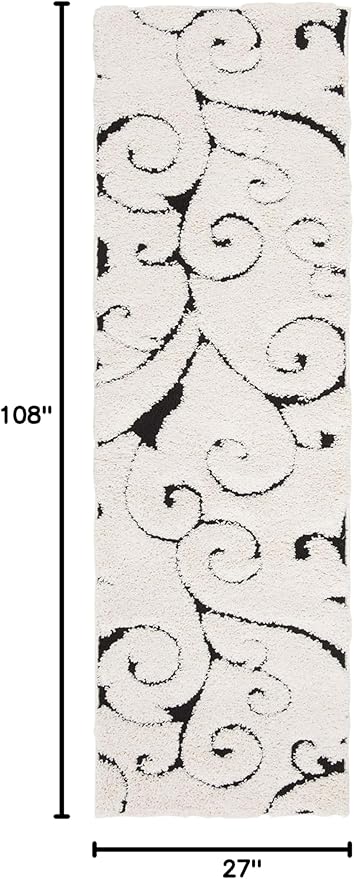 SAFAVIEH Florida Shag Collection Runner Rug - 2'3" x 9', Ivory & Black, Scroll Design, Non-Shedding & Easy Care, 1.2-inch Thick Ideal for High Traffic Areas in Living Room, Bedroom (SG455-1290)