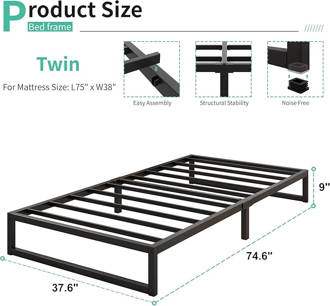 9 Inch Twin Bed Frames Heavy Duty Metal Twin Platform Bed Frame No Box Spring Needed, Noise Free, Easy Assembly, Black