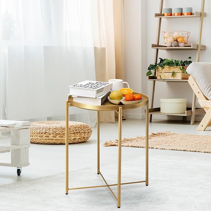 danpinera Gold Side Table 2 Pack, End Table for Small Spaces Outdoor Accent Table Round Metal Patio Coffee Table Waterproof Removable Tray for Living Room Bedroom Balcony Office