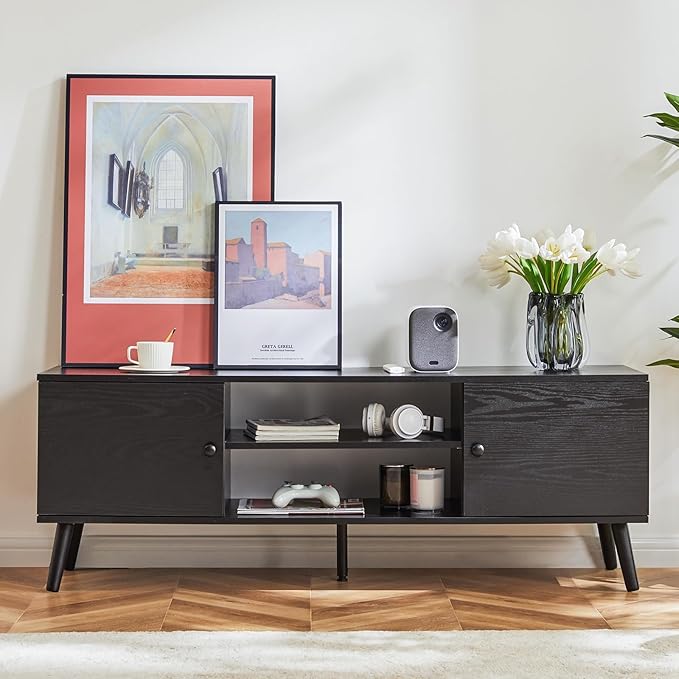 DUMOS TV Stand for 55 60 inch TV, Entertainment Center with Storage Cabinet, Mid Century Modern Media Console Table, Adjustable Hinge, Wooden Television Furniture for Living Room, Office