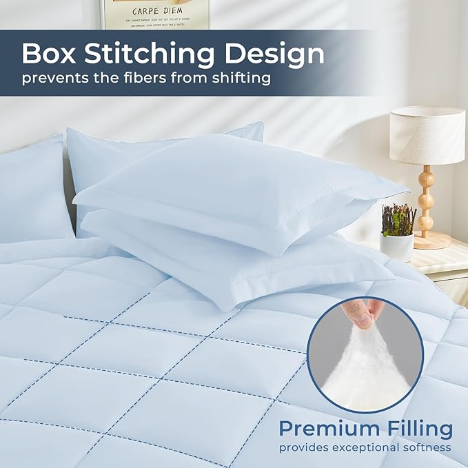 HEVUMYI Light Blue Twin Comforter Set - 5-Piece All Season Bed in a Bag Twin, Ultra Soft Bedding Set with Comforter, Flat Sheet, Fitted Sheet, Pillowcases, Pillow Shams