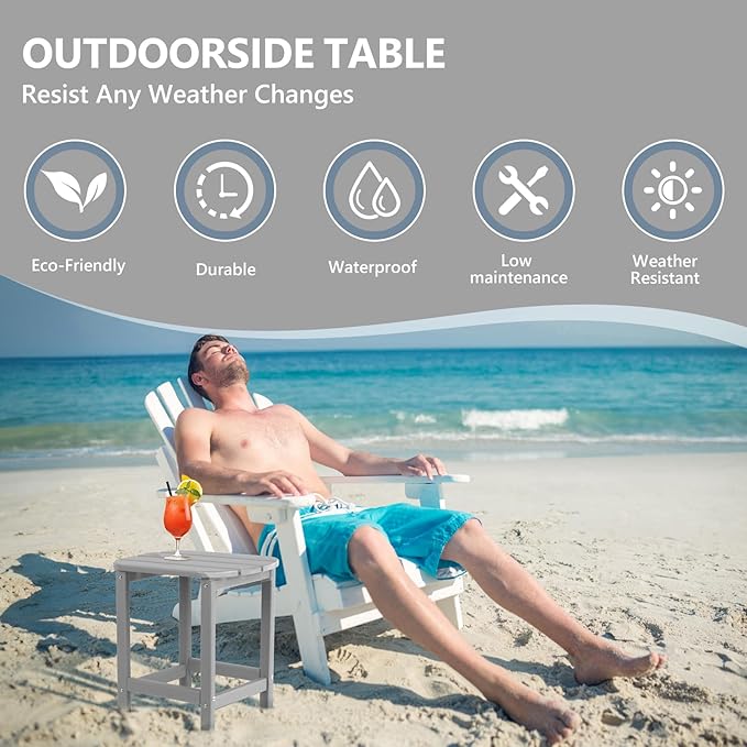 Hdpe Outdoor Adirondack Side Table, Wooden Textured, Set for Patio, Garden, Porch, Pool Composite Patio, Backyard, Bathroom and Indoor, Maintenance & Weather Resistant (Grey)