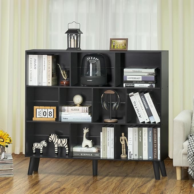 YAHARBO 10 Cube Bookshelf,3 Tier Bookcase with Legs,Black Mid-Century Modern Bookshelves,Large Free Standing Open Storage Organizer Shelf,Tall Wooden Book Case Furniture for Bedroom,Living Room,Office