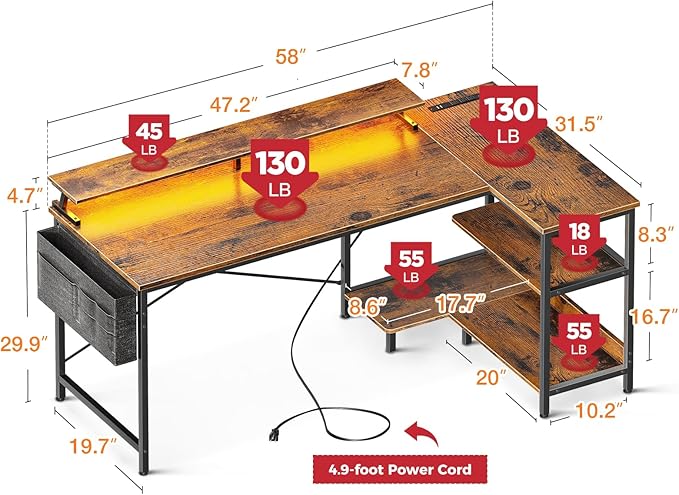 ODK 58 Inch Gaming Desk with USB Charging Ports and LED Lights, Reversible L Shaped Computer Desk with Storage Shelves & Monitor Stand, Corner Home Office Desk Table with Power Outlets, Vintage
