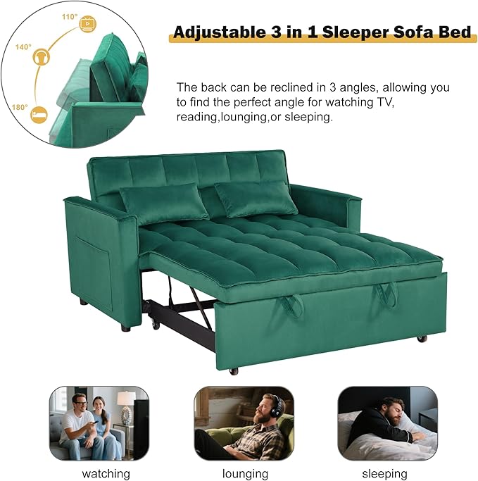 3 in1 Sofa Bed, Pull-Out Sleeper Sofa Bed with 3-Level Adjustable Backrest, Velvet Fabric Convertible Love Seat Sleepers Beds for Living Room & Bedroom & Apartment, Green