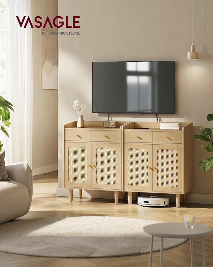 VASAGLE BOHOVEN Collection - Buffet Cabinet, Sideboard Storage Cabinet with Rattan-Like Doors and Drawers, Accent Cabinet, Adjustable Shelf, Boho Style, for Living Room, Oak Beige