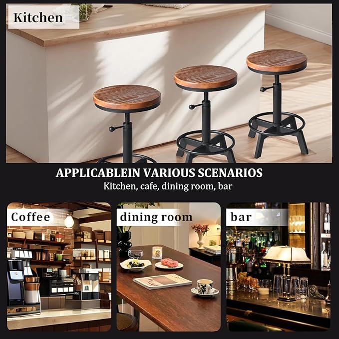 Set of 2-Industrial Bar Stool-Counter Height Chairs- Swivel Wooden Seat- Adjustable 17.7-24inch