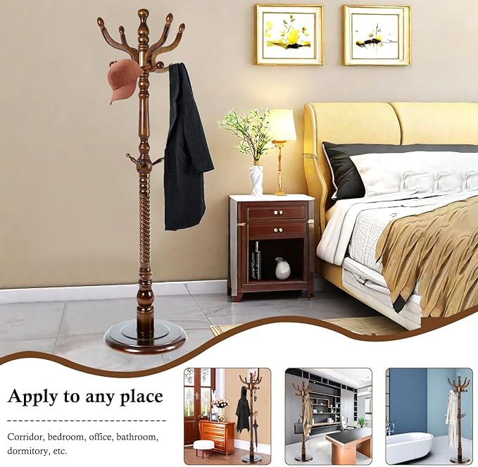 Coat Rack Stand, Solid Wooden Coat Tree with 11 Hooks, Heavy Duty Coat Rack Freestanding with Sturdy Round Base, Natural Birch Wood Coat Hanger Stand for Entryway Bedroom (brown circular)