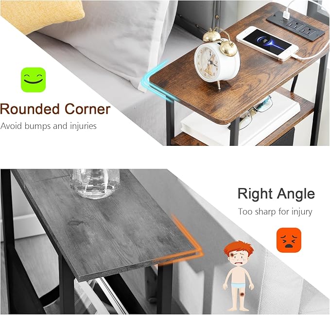 Narrow End Table Living Room with Charging Station, Skinny Side Table with Fabric Drawers, Slim LED Nightstand for Bedroom, Small Spaces, Couch, Brown, HETNDP03LBR-1