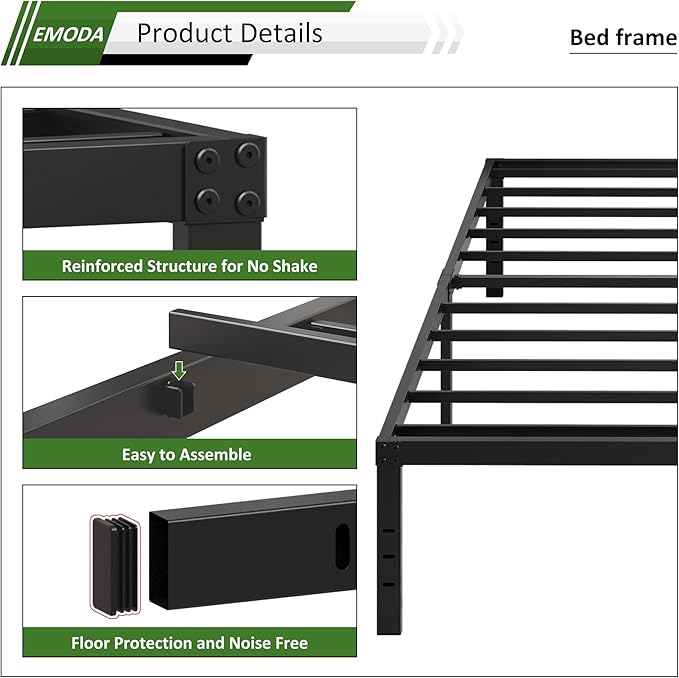 EMODA 16 Inch Bed Frame Queen Size Heavy Duty Metal Platform No Box Spring Needed with Steel Slat Support, Easy Assembly, Black
