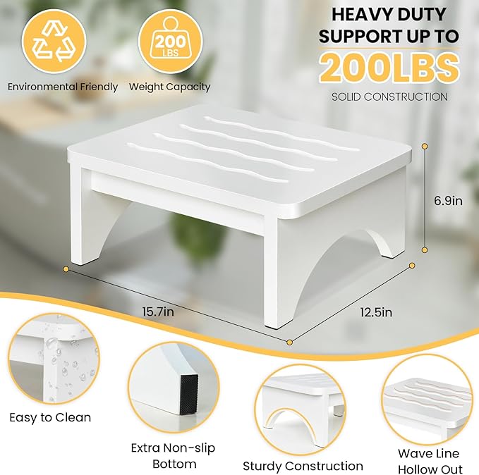 Wooden Step Stool for Adults, One Step Stool with Non-Slip Rubber, 6.9”x 15.7"" Bed Step Stool for High Beds, White Safety Foot Stool for Elderly, Kid