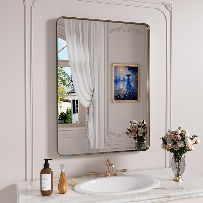 Bronze Bathroom Mirror 24x36 Inch, Brushed Bronze Metal Frame Mirror for Wall, Rounded Rectangle Bathroom Vanity Mirror with Tempered Glass, Anti-Rust, Horizontal/Vertical