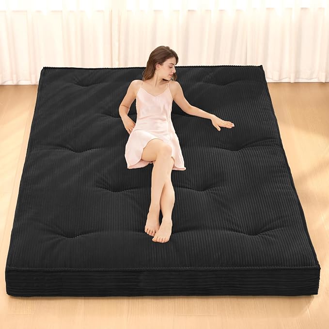 Japanese Floor Mattress, 4" Thicken Futon Mattress Queen Size Sleeping Pad, Corduroy Foldable Mattress Pad Roll Up Tatami Mat Floor Mattress for Adults（Black）