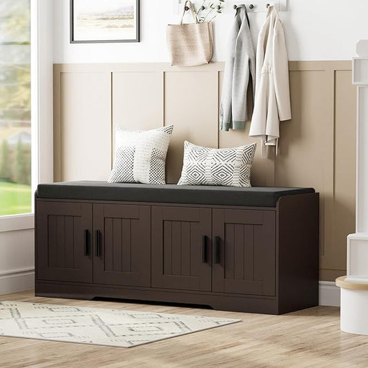2-Tier Storage Bench, Shoe Bench with Thickened Padded Seat Cushion, Entryway Bench with 4 Doors, Adjustable Shelf, 13.8" D x 45.3" W x 18.5" H, for Entryway, Living Room, Bedroom, Brown