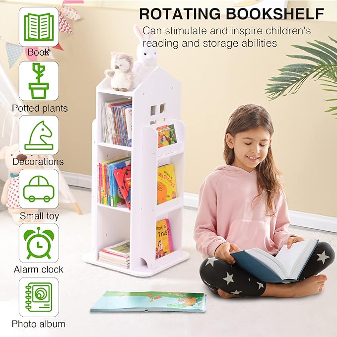 Rotating Bookshelf, 360 Display 3 Tier Floor Standing Bookcase Storage Rack, Kids Book Shelf Organizer, Small Corner Bookshelf for Small Space, for Bedroom, Living Room, White