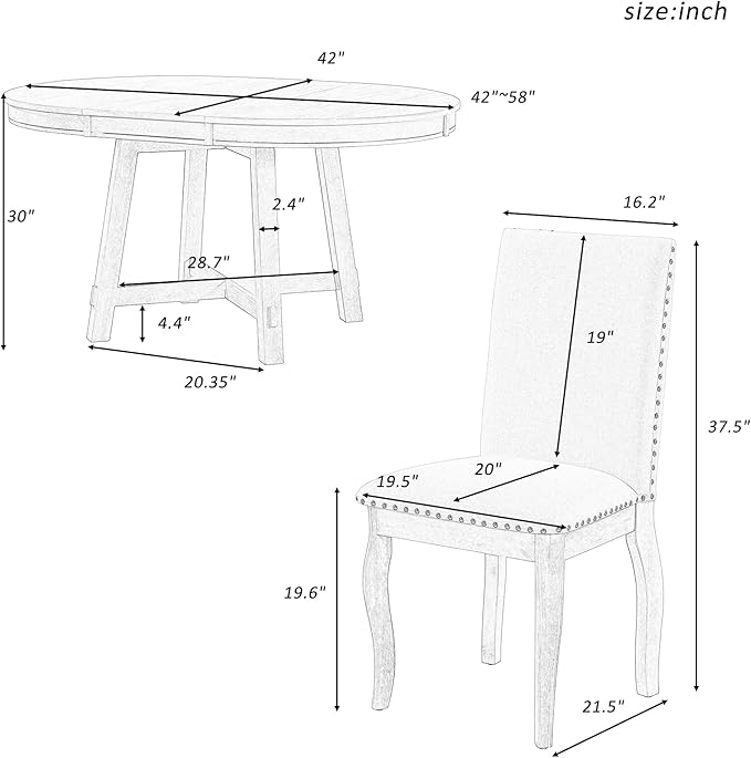 Merax 5-Piece Farmhouse Dining Furniture Set, Wooden Round Extendable Table, and 4 Upholstered Chairs, Antique White