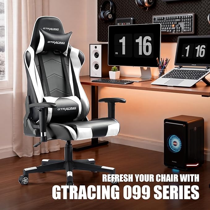 GTRACING Gaming Chair Racing Office Computer Ergonomic Video Game Chair Backrest and Seat Height Adjustable Swivel Recliner with Headrest and Lumbar Pillow Esports Chair (White)