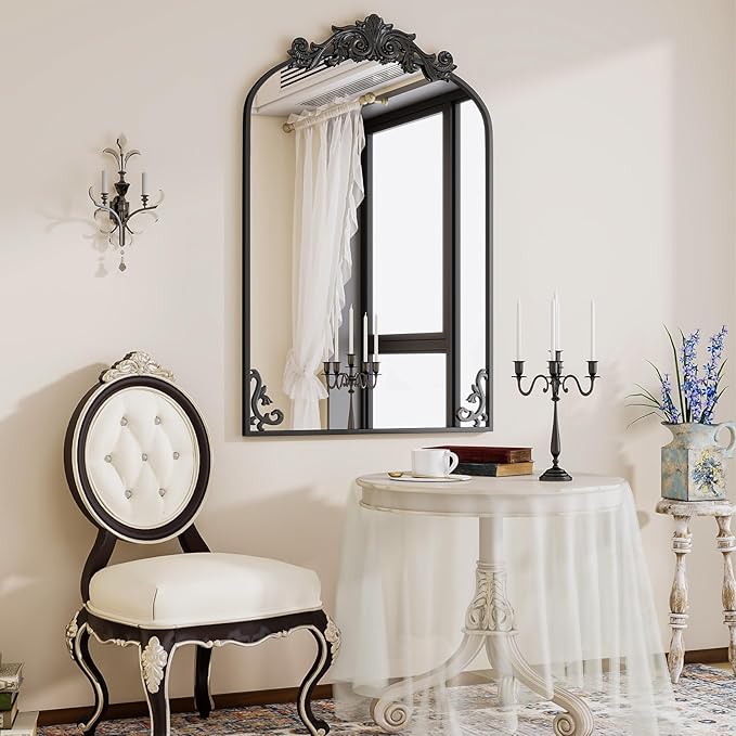 24x36 inch Vintage Arched Bathroom Mirror - Gorgeous Wall Vanity Mirror with Beautiful Retro Top and Bottom Engraving Process Frame for Entryway Hallway Living Room, Black