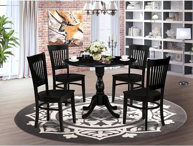 East West Furniture DMVA5-BLK-W 5 Piece Dinette Set for 4 Includes a Round Dining Room Table with Dropleaf and 4 Dining Chairs, 42x42 Inch, Black