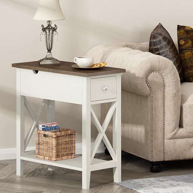 ChooChoo Farmhouse End Table with Drawer, Accent Small Side Table Nightstand for Living Room, Bedroom, and Small Spaces - Soft White