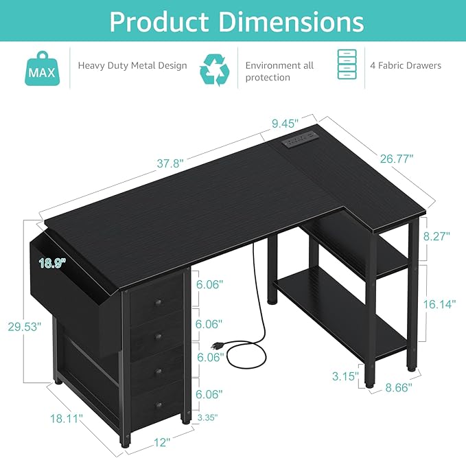 Lufeiya L Shaped Gaming Desk with Drawers & Storage Shelves, 47 Inch Reversible Corner Computer Desk with Power Outlet for Home Office Bedroom, L-Shaped Teen PC Desks with Fabric Drawer, Black