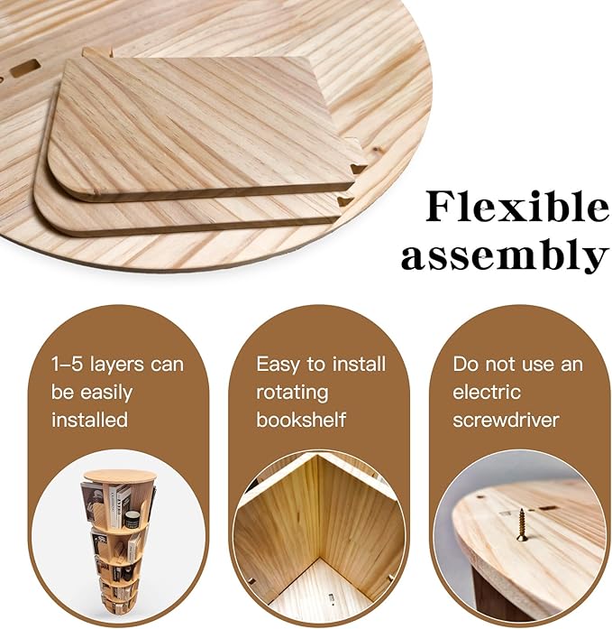 Rotating Bookshelf,360 Display Round 5 Tier Floor Standing Bookcase Storage Rack,Wood Spinning Bookshelf Tower for Bedroom,Living Room
