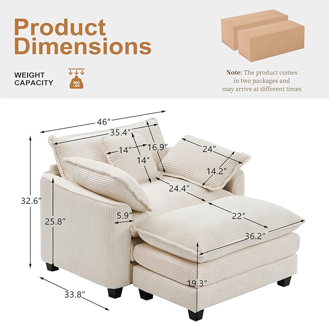 Furniliving Oversized Accent Chair with Ottoman, Luxury Corduroy Single Sofa, Upholstered Deep Seat Chaise Lounge with Pillows for Living Room, Bedroom, Apartment, Beige
