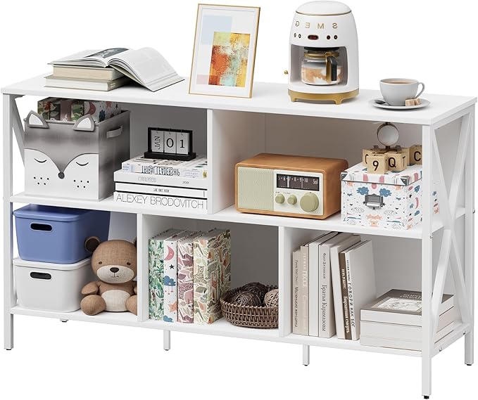 Horizontal Bookshelf,Industrial Modern 5 Cube Low Wide Cubby Bookcase,Long Wood and Metal Storage Organizer Open Shelf, Short Book Shelf Bedroom Storage for Home Office Living Room(White,5 Cube)