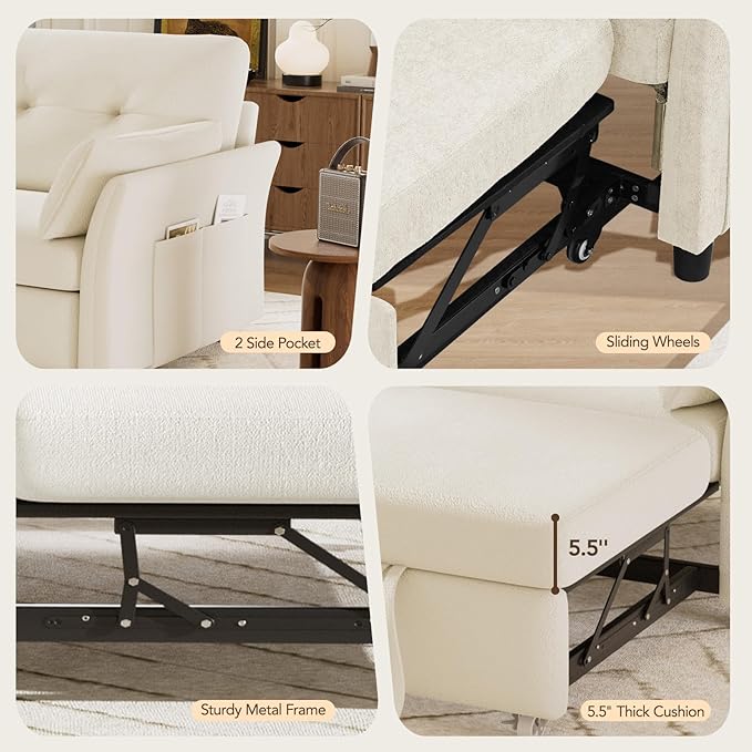 Vipbear 3-in-1 Chenille Convertible Sofa Bed, Pull Out Sleeper Sofa with Reclining Backrest & Side Pocket, Tool-Free Assembly, Folding Loveseat for Living Room, Apartment, White