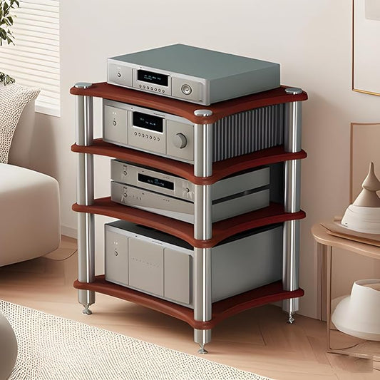 4-Tier AV Media Stand, Stereo Racks and Stands, Video Component Cabinet Audio Rack Tower for DVD Player Game Console TV Box WiFi Routert (Dark Wood, 4-Tier)