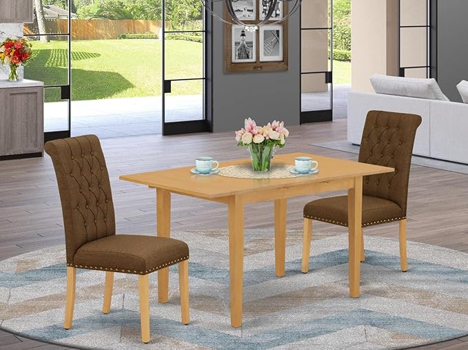 East West Furniture NOBR3-OAK-18 3 Piece Dining Set Contains a Rectangle Dining Room Table with Butterfly Leaf and 2 Brown Linen Linen Fabric Upholstered Chairs, 32x54 Inch, Oak