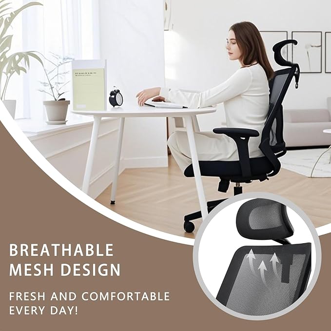 Ergonomic Swivel Task Chair High Back Home Desk Chair Computer Office Chair Mesh Rolling Work Chairs with Headrest and Lumbar Support Black