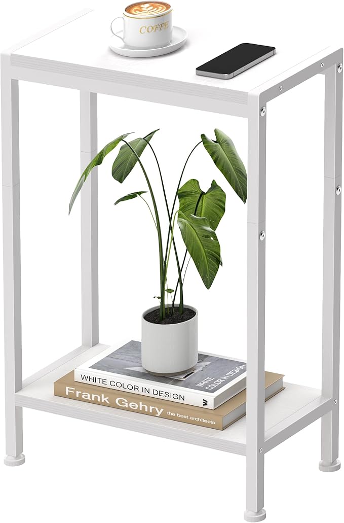 Narrow Side Table for Small Space, 2-Tier Small End Table with Shelf Holder, Slim Nightstand, Skinny Snack Couch Table in Living Room, Bedroom, Study, Kitchen and Balcony (White)