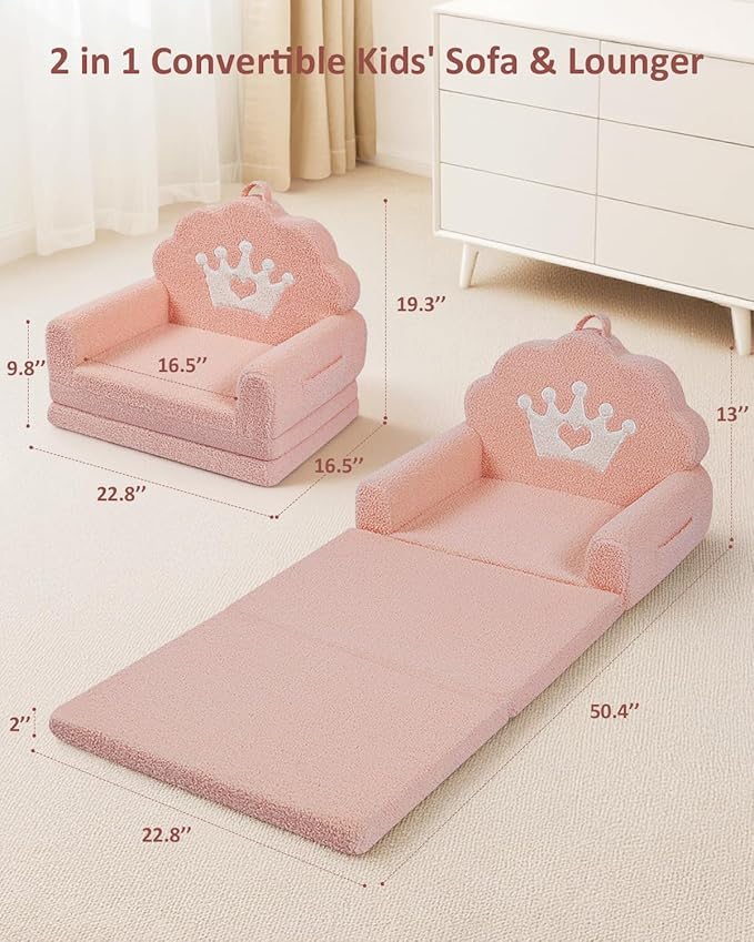 2-in-1 Kids Couch Fold Out, Soft Teddy Sherpa Toddler Couch with Crown Design, Convertible Kids Sofa to Lounger for Nap & Playtime, Cozy Children's Furniture for Boys & Girls, Pink