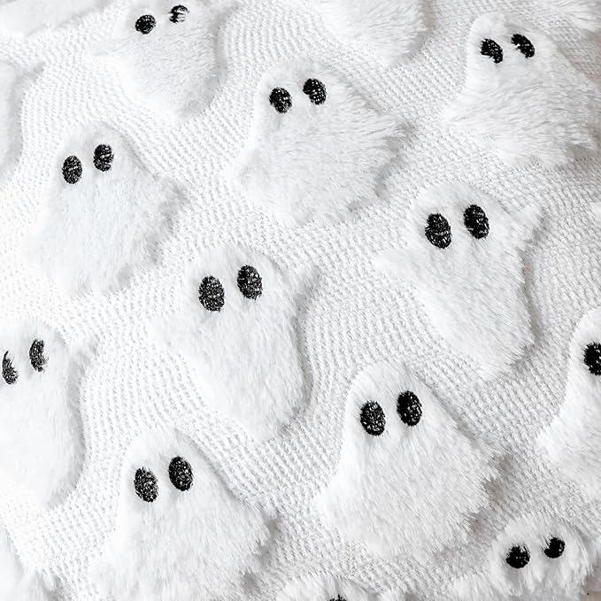 4TH Emotion Halloween Ghost Decorative Pillow Covers 18x18 Set of 2, White Soft Plush Faux Fur Farmhouse Throw Cushion Cases for Fall Autumn Holiday Home Decorations