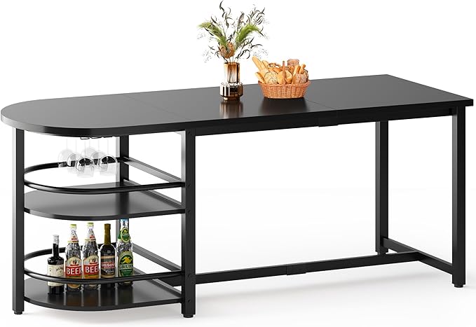 soges Dining Table for 4-6 Person, 71 inch Long Kitchen Dining Table for Living Room and Dining Room, Dinner Table with Storage Shelf & Cup Holder, Metal Legs(Only Table), Black