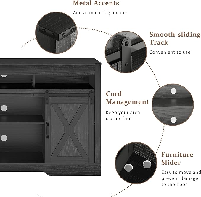 RoyalCraft Farmhouse TV Stand with Sliding Barn Door for TVs up to 65+ Inch, 34" Tall Entertainment Center, Wood Media Console Storage Cabinet for Bedroom, Living Room, Black