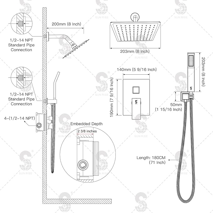 SR SUN RISE Shower System - Shower Faucet Set with 8 Inch Rain Shower Head and Handheld Shower - High Pressure Rain Shower System - All Metal Shower Faucet Trim Repair Kits - Brushed Gold