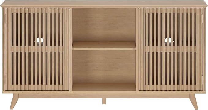 Plank+Beam Mid-Century Modern Wood TV Stand, Solid Wood Entertainment Console with Storage, 59" L x 16" W x 30" H, Blonde