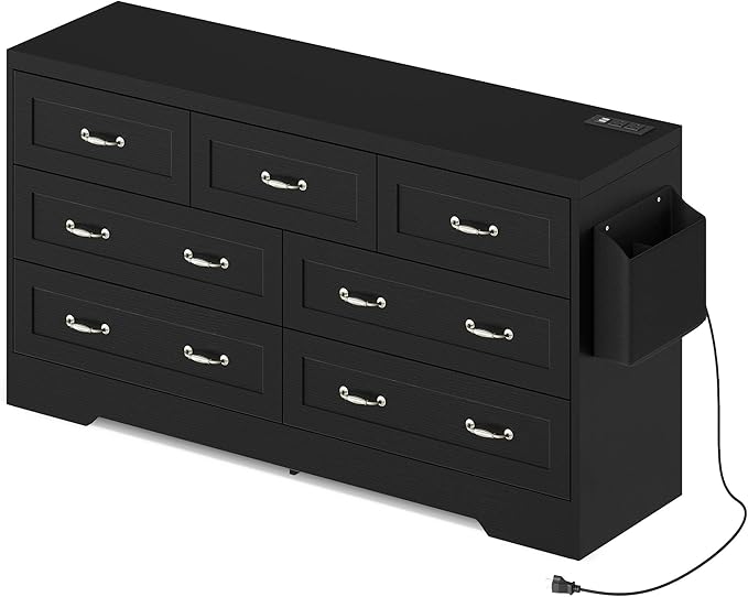 YITAHOME Drawers TV Stand for 65 inches with Power Outlets -Chest of Drawers Dresser with Side Organizer Bag Entertainment Center TV Console, Black