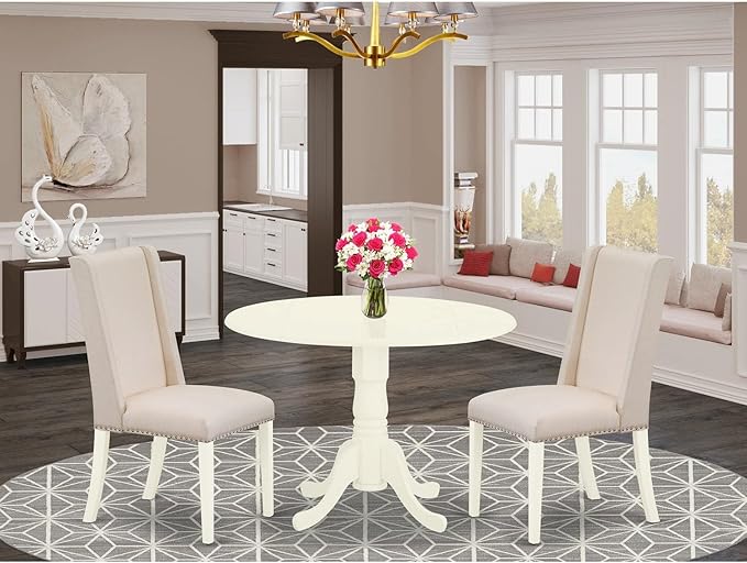 East West Furniture DLFL3-WHI-01 3 Piece Kitchen Table Set Contains a Round Dining Room Table with Dropleaf and 2 Cream Linen Fabric Upholstered Chairs, 42x42 Inch, Linen White