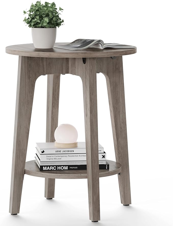 VASAGLE Side Table, Small Round End Table with Lower Shelf, Nightstand for Small Spaces, Living Room, Bedroom, Greige ULET283T02