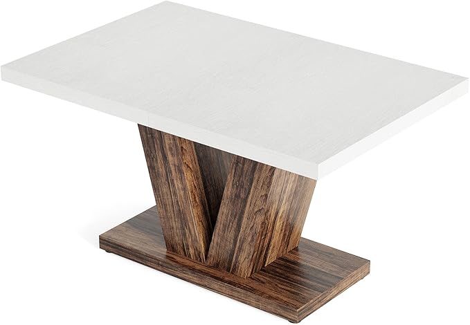 LITTLE TREE 47 Inches Dining Table for 4, Modern Dining Room Tables, White Rectangle Kitchen Table with Rustic Brown V-Shaped Pedestal, Wooden Dinner Table for Dining Room, Kitchen, Living Room