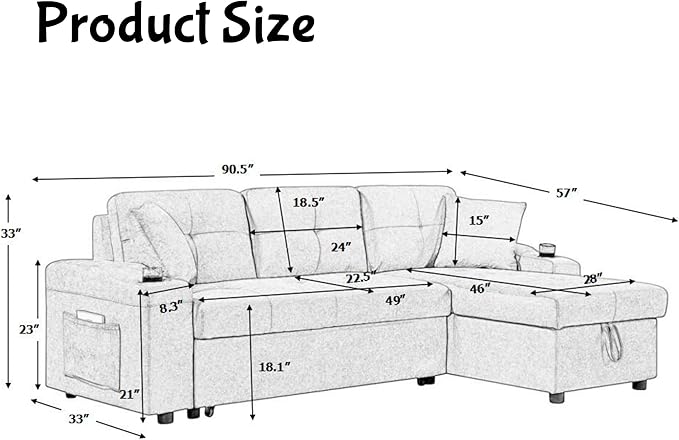L Shape Pull Out Sofa Bed with Cup Holder, Convertible Sectional Couch with Reversible Chaise Storage, Modular 4 Seat Sofa with Side Pockets, for Living Room, Apartment, Office, Light Gray