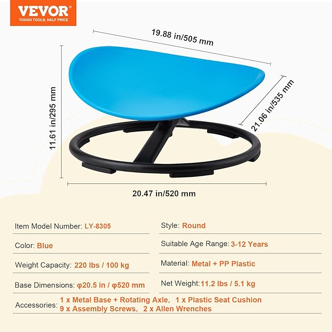 VEVOR Kids Swivel Chair, 220 LBS Capacity, Sensory Spinning Chair, Autistic Kids Sensory Toy with Non-Slip Metal Base, Toddler Sit and Spin for Coordination Balance Focus Training Blue